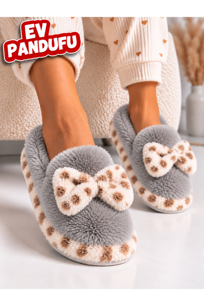 STOCON Mia Puantiyeli Fiyonklu Peluş Kadın Ev Pandufu Yumuşak Peluş Panduf İç...
