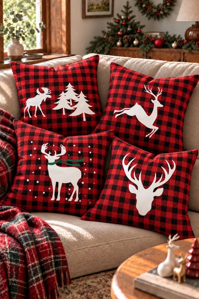 SasoHome Happy New Year Red Plaid Deers Patterned Set of 4 Digital Printed Th...