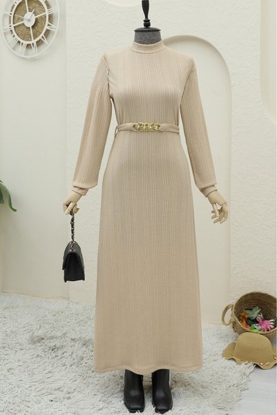 Modamorfo Langes Lycra-Kleid mit Gürtel und Stehkragen - Beige