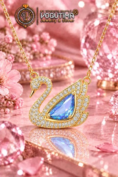 vogutima Kadın Gümüş Kolye - Swan Kuğu Model Gold Renk Mavi Zirkon Taş İşleme...