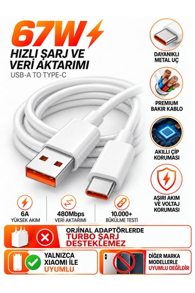 yumax Type-C Şarj Kablosu 6A Hızlı Şarj 67W USB C Data Transfer Android Uyuml...