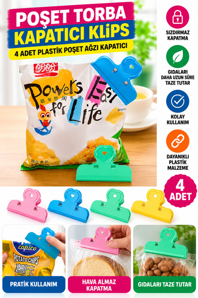FırsatVar Poşet Torba Kapatıcı Klips 4 Adet Plastik Poşet Ağzı Kapatıcı
