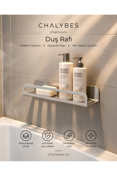 chalybes steel design Paslanmaz Çelik Bariyerli Duş Rafı - Şampuanlık ve Sabu...