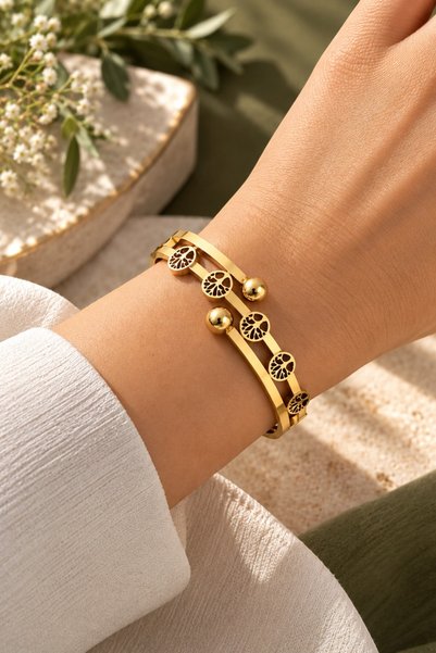 nftart.design Tree of Life Patterned Gold Steel Handcuff Bracelet Women's Bra...