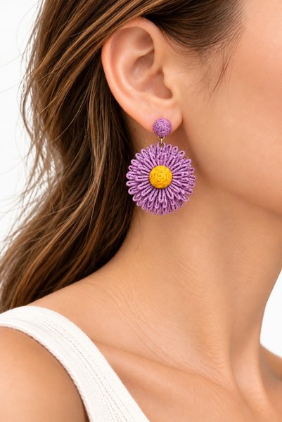 nftart.design Lila Sarı Papatya Tasarımlı Bohem Sallantılı Kadın Küpe