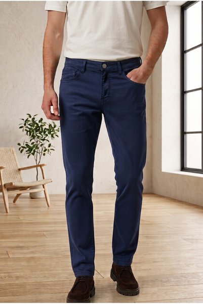 TheSeason Men's Navy Blue Slim Fit 5-Pocket Stretch Cotton Gabardine Trousers