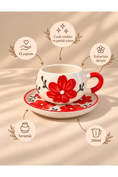 ASSERAMİK Kırmızı çiçek desenli el yapımı seramik tabaklı çay/kahve fincanı, ...