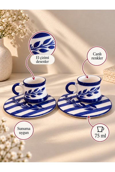 ASSERAMİK Leaf-Patterned Handmade Ceramic Presentation Bowl, Navy Blue, 2-Pie...