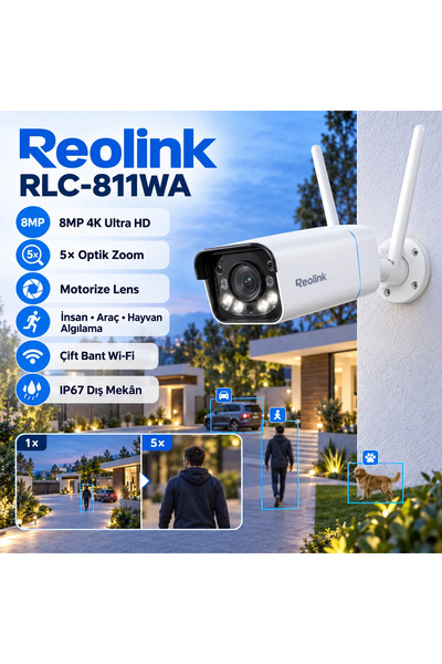 Reolink RLC-811WA 8MP 4K Motorize 5x Optik Zoom Wi-Fi 6 Bullet Güvenlik Kamer...