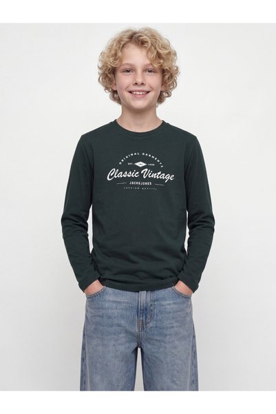 Jack & Jones Момчешка тениска, дълъг ръкав, от органичен памук, с кръгло деко...