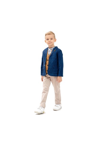 Top Kids Luxury Boys' 4-Piece Formal Suit Set (Striped Navy Jacket + Camel Wa...