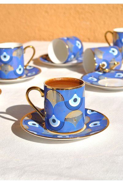 Qualitev 6-Person Porcelain Evil Eye Coffee Cup Set 90ml Evil Eye Bead