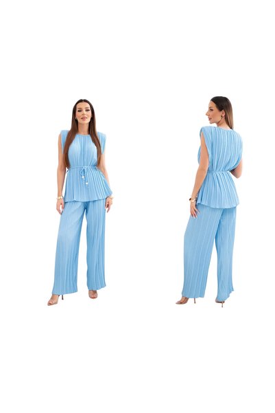 Kesi Set albastru plisat pentru femei, cu bluză fără mâneci și pantaloni largi