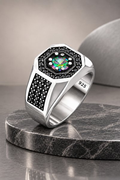Siset Gümüş 925 Ayar Rodyum Kaplama Mistik Topaz Taşlı Erkek Gümüş Yüzük