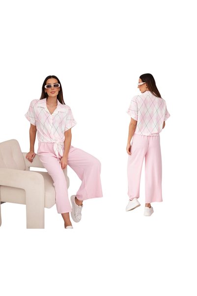 Kesi Set de damă din viscoză roz pudră, format din bluză cămașă și pantaloni ...