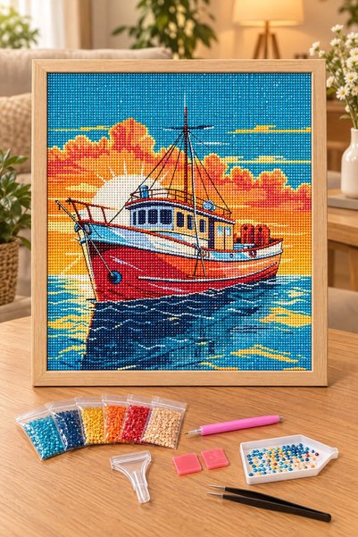 LİVA CRAFT Art & Craft Diamond Painting Puzzle Kit, Red Fishing Boat in Sunse...
