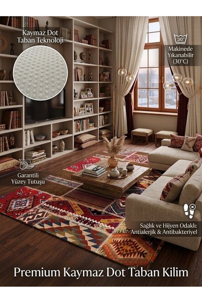ALAADDİN CARPET Etnik Desen Dijital Baskı Yıkanabilir Kaymaz Taban Leke Tutma...