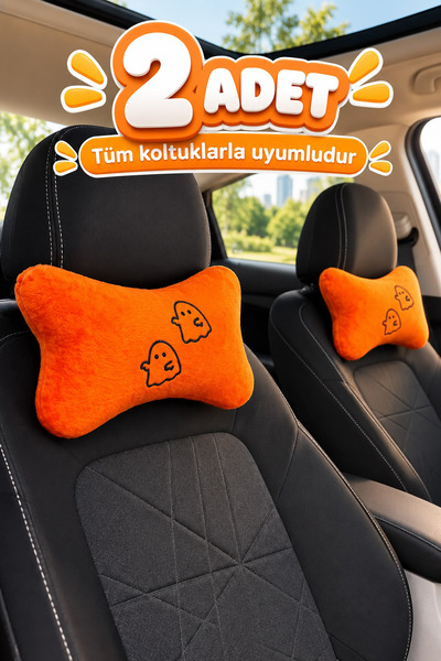 KidHug 2 Adet Nakışlı Turuncu Peluş Oto Boyun Yastığı – Silikonlu Ortopedik B...