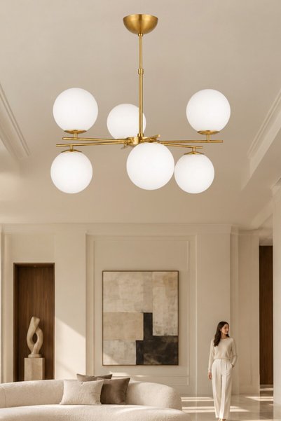 ESSLİGHT Elsar 6’lı Eskitme Beyaz Camlı Modern Avize Salon Mutfak Yatak Odası