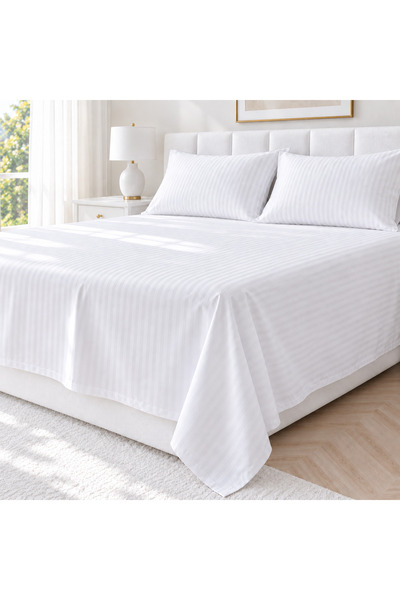 Kotonia Home Cearsaf de pat Hotel Damasc Saten cu dungi 1 cm, 100% bumbac, Al...