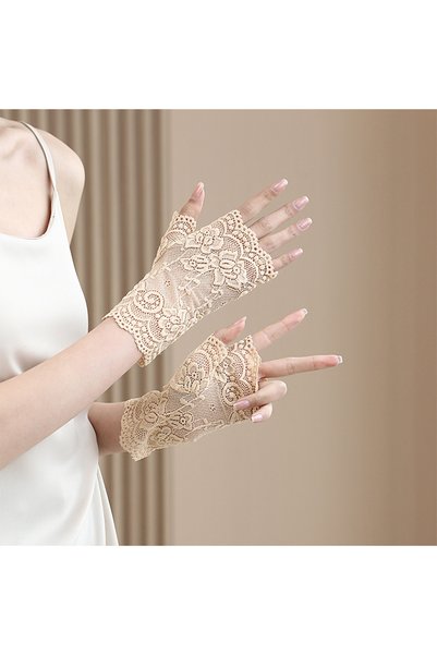 Choice3 One Size Beige Summer Outdoor Women Half Fingers Mesh Lace Gloves Fem...