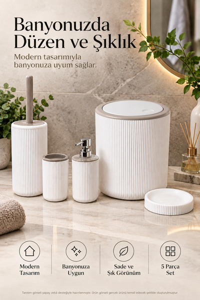 Plastik Banyo Seti 5 Parça Çizgili Çöp Kovası Tuvalet Fırçası Sıvı Sabunluk Diş Fırçalık Katı Sabunluk Beyaz