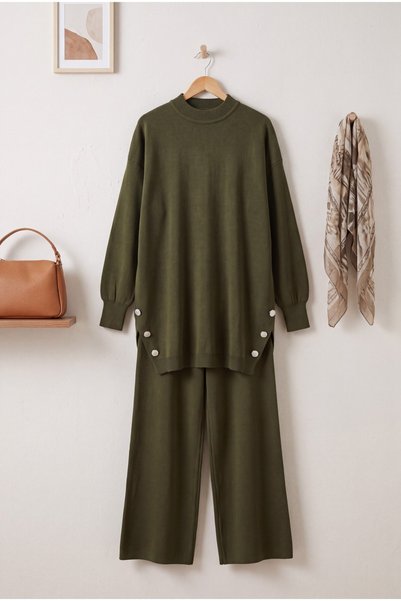 HİJABAYA Crew Neck Cuff Sleeve High Waist Wide Leg Flowy Maxi Hijab Knitwear ...
