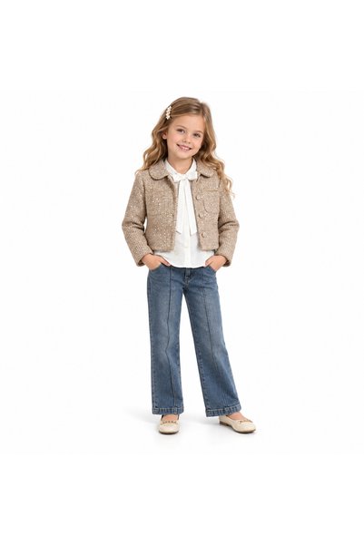 miss topkids طقم بناتي جاكيت محاك بيج مع بلوزة بيضاء وبنطال جينز