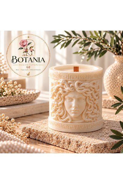 Medusa Figürlü Dekoratif Mum-8x8 cm Ahşap fitilli Greko-Romen Tarzı parafin mum