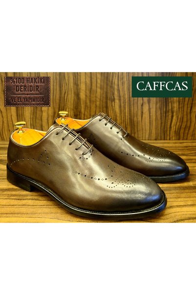 Caffcas Hakiki Deri Gerçek Kösele El Yapımı Kahverengi Klasik Erkek Ayakkabı