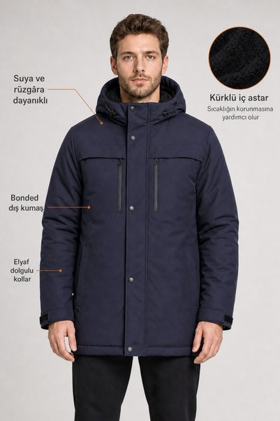 Freemen Men's Navy Blue Fleece Inside Furry Water and Windproof Hooded Winter...
