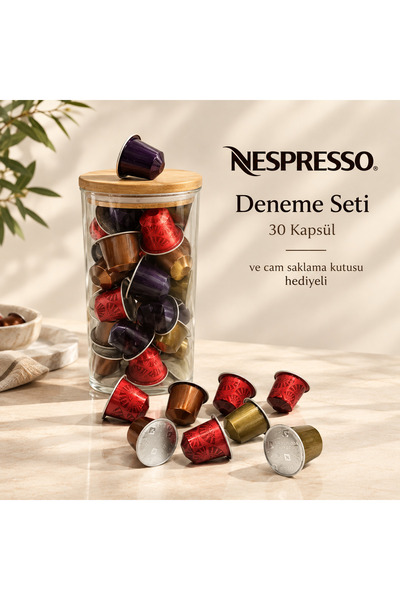 Nespresso مجموعة كبسولات قهوة تريال 30 قطعة + صندوق تخزين زجاجي هدية