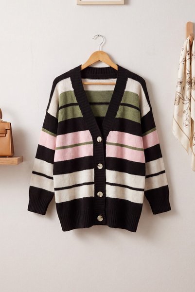 HİJABAYA V-Neck Colorful Striped Patterned Buttoned Loose Long Sleeve Hijab K...