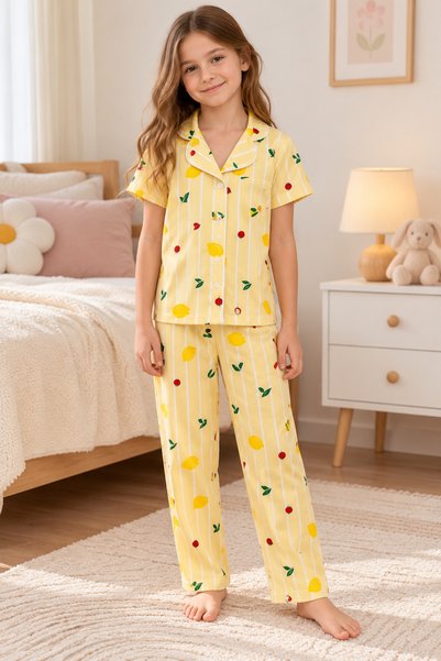 Fil Kids Girl's Cotton Milan Fabric Yellow Lemon Strawberry Patterned Shirt C...