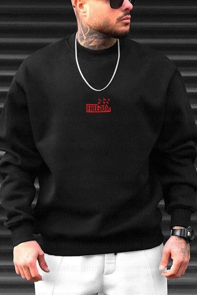 VACHT Men's Black Freedom Printed Thick Soft 3 Thread Inner Ribbed 0 Crew Nec...