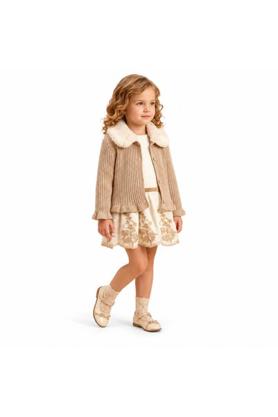 miss topkids طقم بناتي قطعتين بيج من كارديغان وبلوزة مع تنورة مطرزة