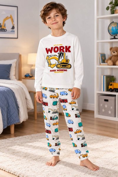 Generic Brand Boys' 100% Cotton White Work Machinery Scoop Pattern Long Sleev...