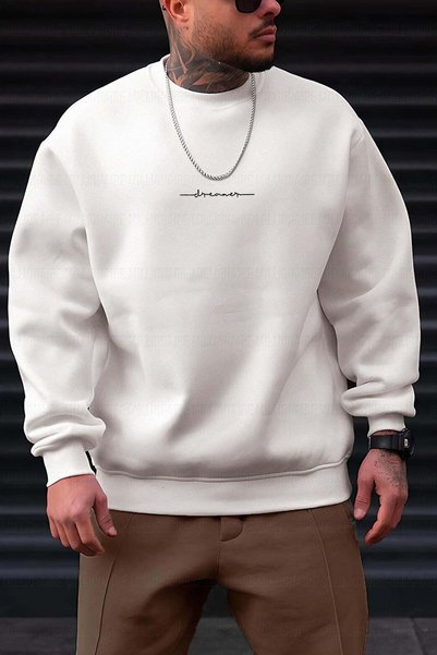 VACHT Hanorac oversize pentru bărbați, culoare ecru, cu guler tip crewneck, c...