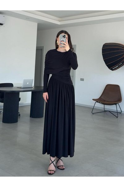 Balbe Fashion DRAPELİ DÖKÜMLÜ SİYAH ELBİSE