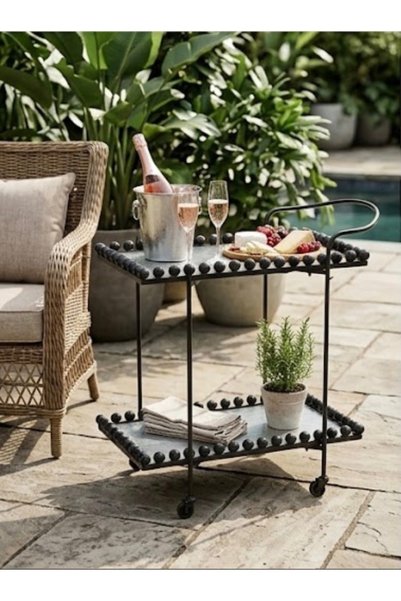 IN HOME STORE طاولة خدمة بعجلات طبقتين تصميم مزخرف معدن وزجاج أسود