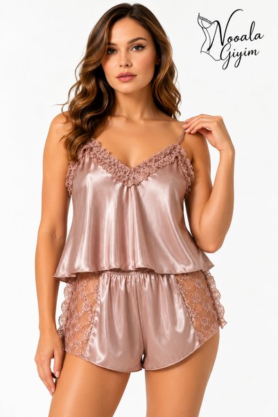 NOOALA GİYİM Saten ve Fransız Dantel Detaylı İkili Şortlu Pijama Takımı
