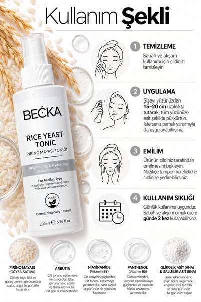 BECKA Pirinç Mayası Tonik Aydınlatıcı Beyazlatıcı Leke Karşıtı Nemlendirici Bakım Etkili 200 ml