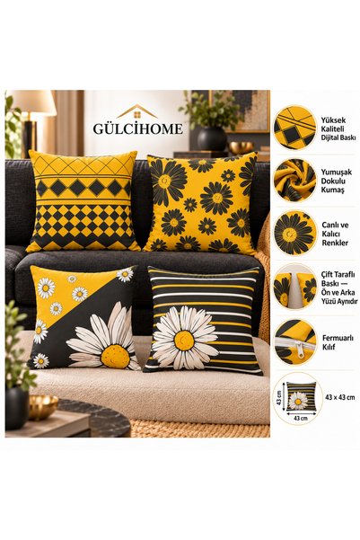 ALAMODECOR Set de 4 huse de pernă cu imprimeu digital pe două fețe, cu design...