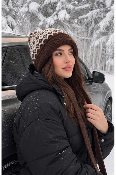 LAGRANZE Beretă de damă cu dungi lungi, stil nordic, cu șireturi și model geo...