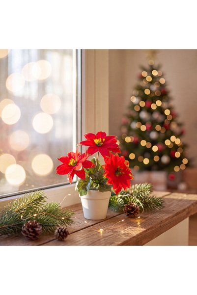 Alista Home Artificial Poinsettia in Pot, Christmas Decoration, Red, 18 cm