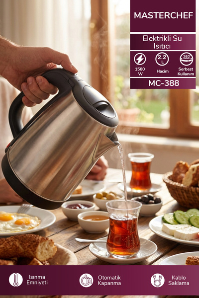 Masterchef MC-388 Su Isıtıcı Kettle l 1500W 2.2L Paslanmaz Çelik & Otomatik K...