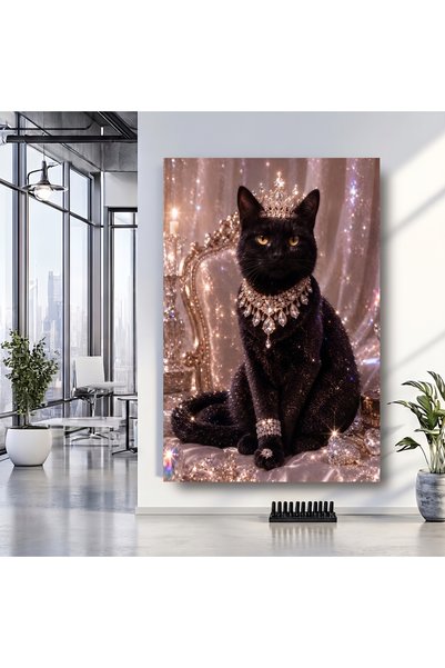 BETAHOMEDESİNG Beta Home Desing Pırlantalı Kara Elmas Kedi Cam Tablo