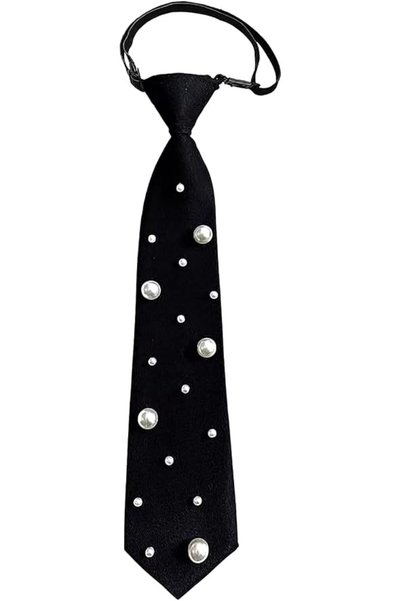 Tazweeq Elegant Black Pearl Tie, Adjustable Pre-tied Silk Neck Ties for Women...