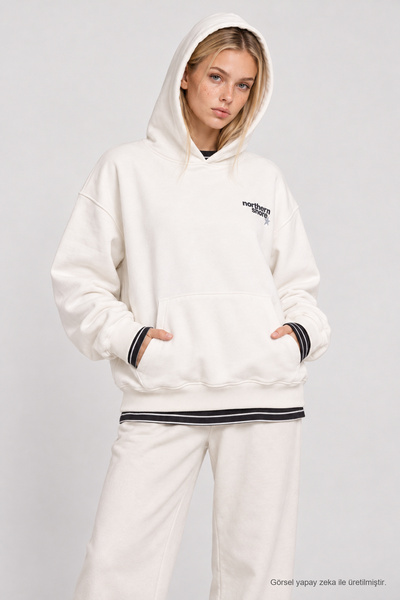 Lovelyİstanbul Hooded Printed Oversize Knitted Sweatshirt Lrn0080 Ecru