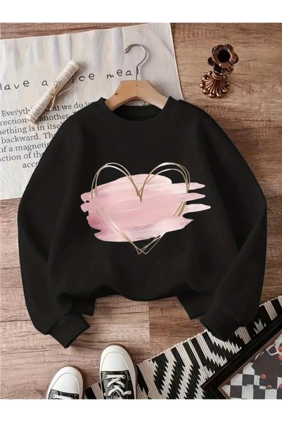 Vordevia Heart Printed Cotton 3 Thread Threaded Crew Neck Oversize Sweatshirt